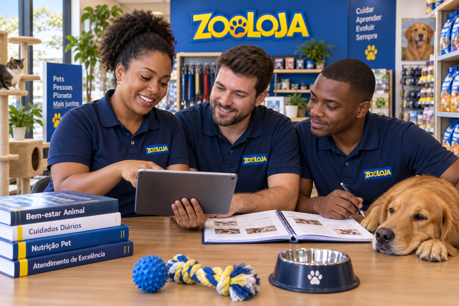 Equipe Zooloja com uniformes azul-marinho aprendendo em conjunto sobre o universo pet
